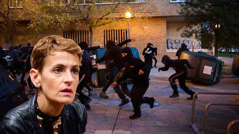 Fotomontaje de la Mar&iacute;a Chivite sobre una foto de los disturbios en Pamplona frente al acto de Vito Quiles.