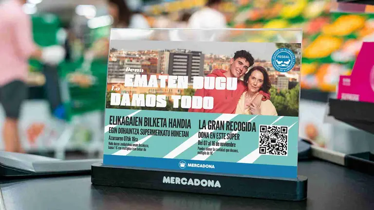 Separador de caja de Mercadona con informaci&oacute;n sobre la Gran Recogida del Banco de Alimentos. MERCADONA