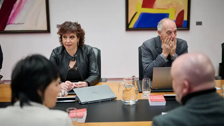 Ainhoa Unzu del PSN y Adolfo Araiz de EH Bildu minutos antes de comenzar la Mesa y Junta de Portavoces. PABLO LASAOSA