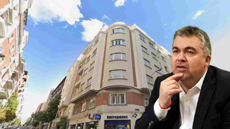 Fotomontaje de Santos Cerd&aacute;n sobre la imagen del edificio en el centro de Madrid en cuyo &aacute;tico vivi&oacute; Cerd&aacute;n costeado por Servinabar.