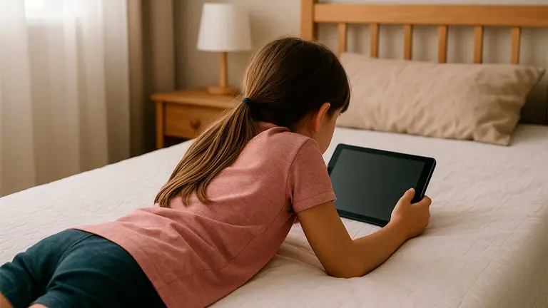 Una niña tumbada en una cama. Imagen generada por Inteligencia Artificial.