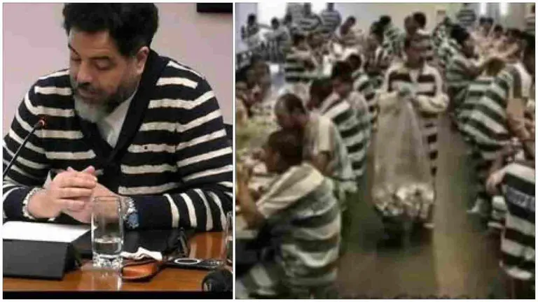 A la izquierda Ram&oacute;n Alz&oacute;rriz este viernes en el Parlamento y a la derecha presidiarios con trajes a rayas.