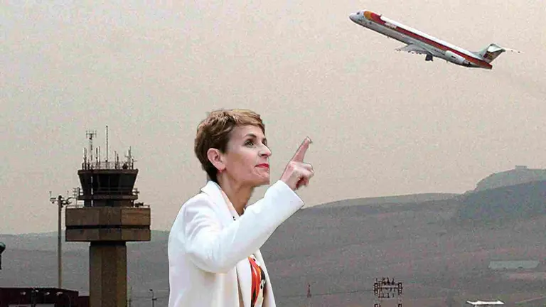Fotomontaje de la presidenta de Navarra, María Chivite, sobre una foto del aeropuerto de Noáin.