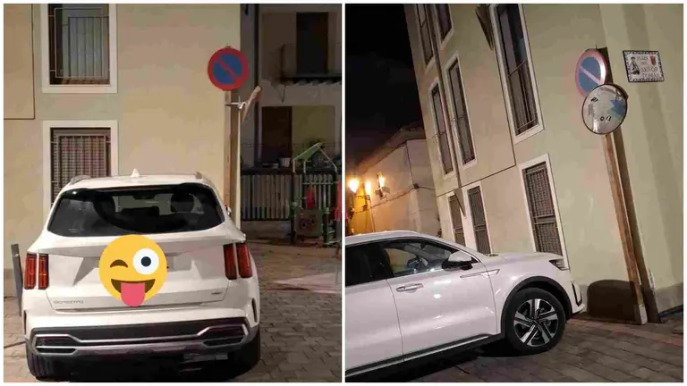 El coche estacionado dejao de una se&ntilde;al de prohibido en el centro de Tudela. @CENTIMERO / TWITTER