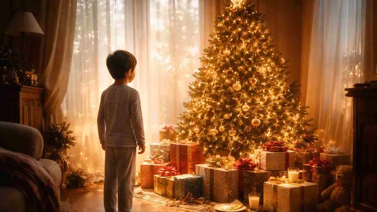 Un ni&ntilde;o observa los regalos de Reyes a los pies del &aacute;rbol de Navidad.