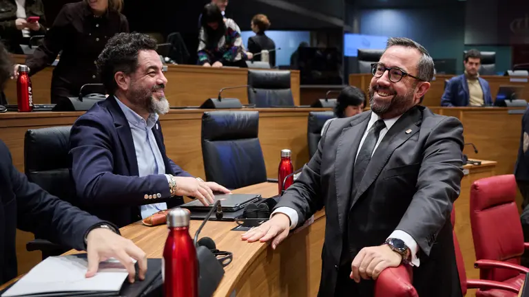 Ram&oacute;n Alz&oacute;rriz, del PSN, junto a Javier Rem&iacute;rez, vicepresidente del Gobierno de Navarra, durante el Pleno del Parlamento de Navarra. PABLO LASAOSA