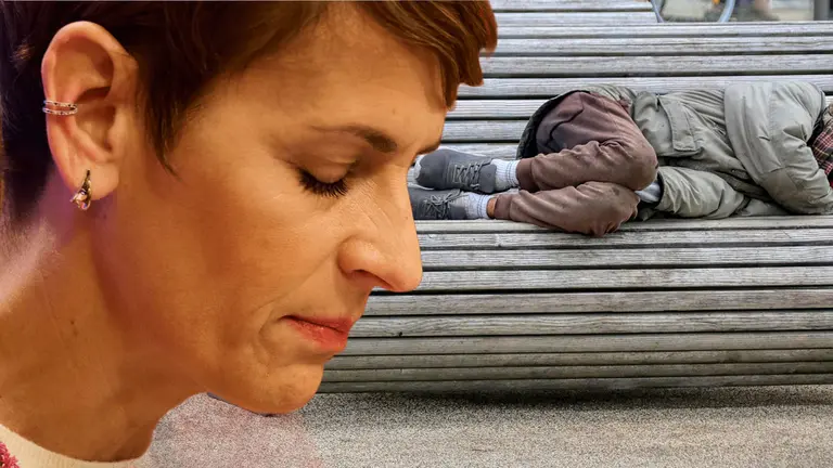 Fotomontaje con una imagen de Mar&iacute;a Chivite y otra de un sin techo. NAVARRA.COM