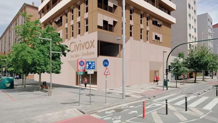 Recreaci&oacute;n de c&oacute;mo quedar&iacute;a la fachada incluyendo el Civivox. AYUNTAMIENTO DE PAMPLONA