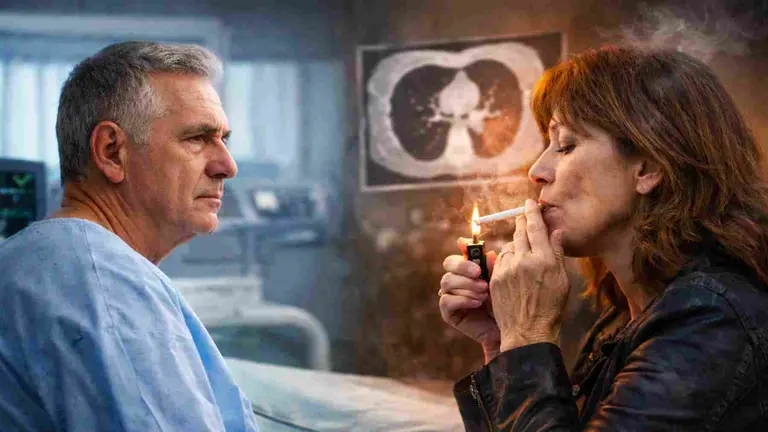 Una mujer fumadora y un paciente de c&aacute;ncer en un hospital. IA