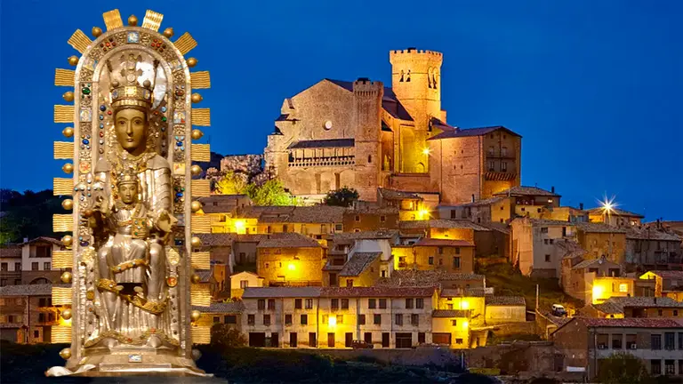 Fotomontaje con una imagen de la Virgen de Uju&eacute; sobre una vista del pueblo. ARCHIVO / TURISMO DE NAVARRA