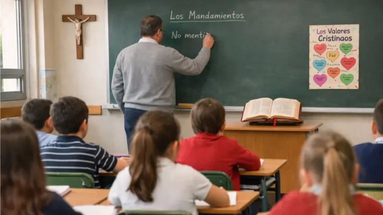 Imagen generada con Inteligencia Artificial de un aula en el que se est&aacute; impartiendo una clase de religi&oacute;n. CHATGPT
