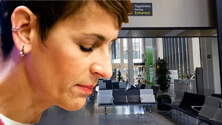 Fotomontaje con una imagen de la presidenta de Navarra, Mar&iacute;a Chivite, sobre una vista interior del Aeropuerto de Pamplona-No&aacute;in. NAVARRA.COM