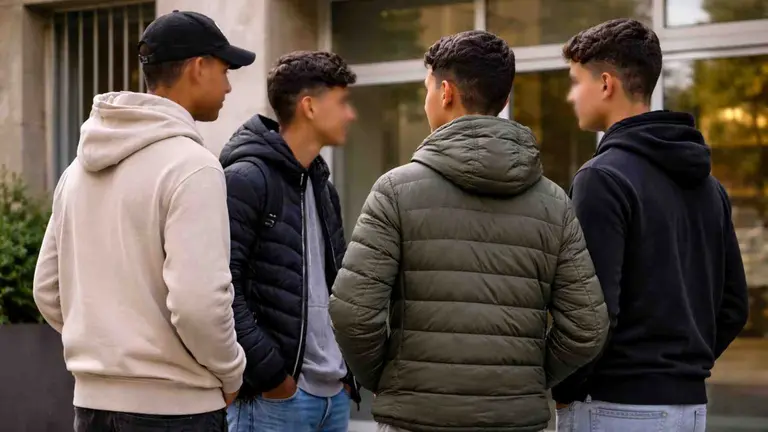 Menas charlando a las puertas de un centro de acogida.