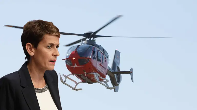 Fotomontaje con una imagen de la presidenta de Navarra, Mar&iacute;a Chivite, sobre una fotograf&iacute;a de un helic&oacute;ptero. NAVARRA.COM