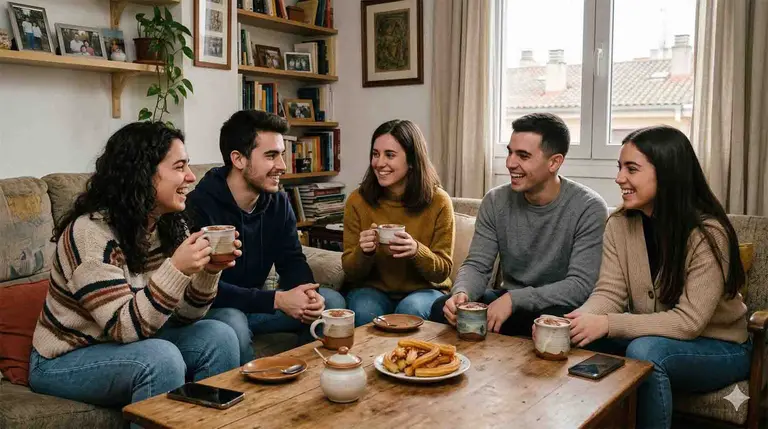 Un grupo de j&oacute;venes disfruta de una conversaci&oacute;n con una taza de chocolate caliente.