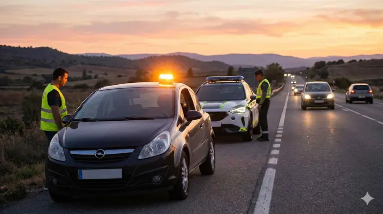 Un coche con la baliza V16 parado en un arc&eacute;n de una carretera.