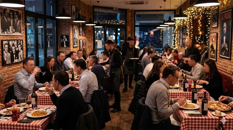 Varias personas disfrutan de una cena en un restaurante de estilo italiano.