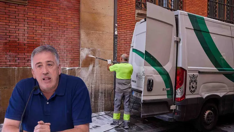 Fotomontaje del alcalde de Pamplona, Joseba Asiron, y un servicio de limpieza.