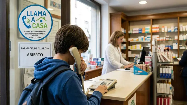 Recreaci&oacute;n de un menor llamando a casa desde una farmacia.