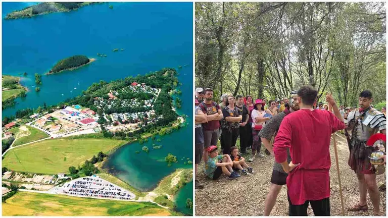 Vista del embalse de Alloz y de la Ecorruta teatralizada al viaducto romano.