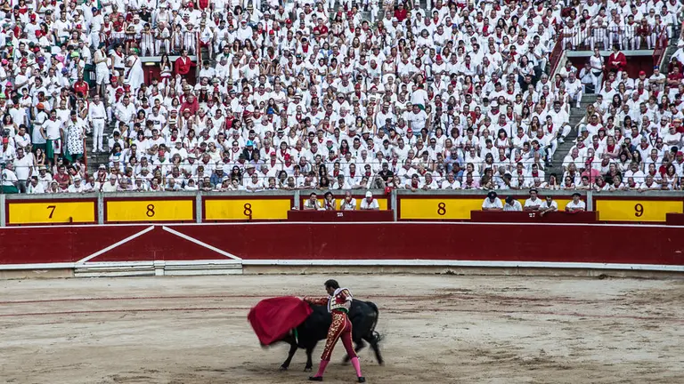 Un momento de una corrida de toros en la plaza de toros de Pamplona durante San Ferm&iacute;n en los Sanfermines de 2015. &Iacute;&Ntilde;IGO ALZUGARAY