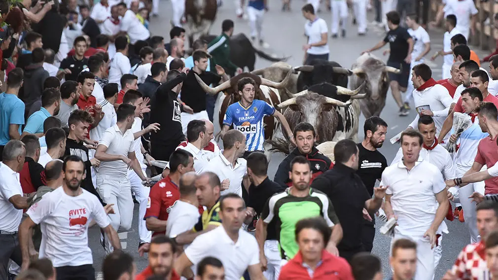 [GALERÍA] Con los pitones en los tobillos: peligroso y rápido primer encierro de las fiestas de Tafalla