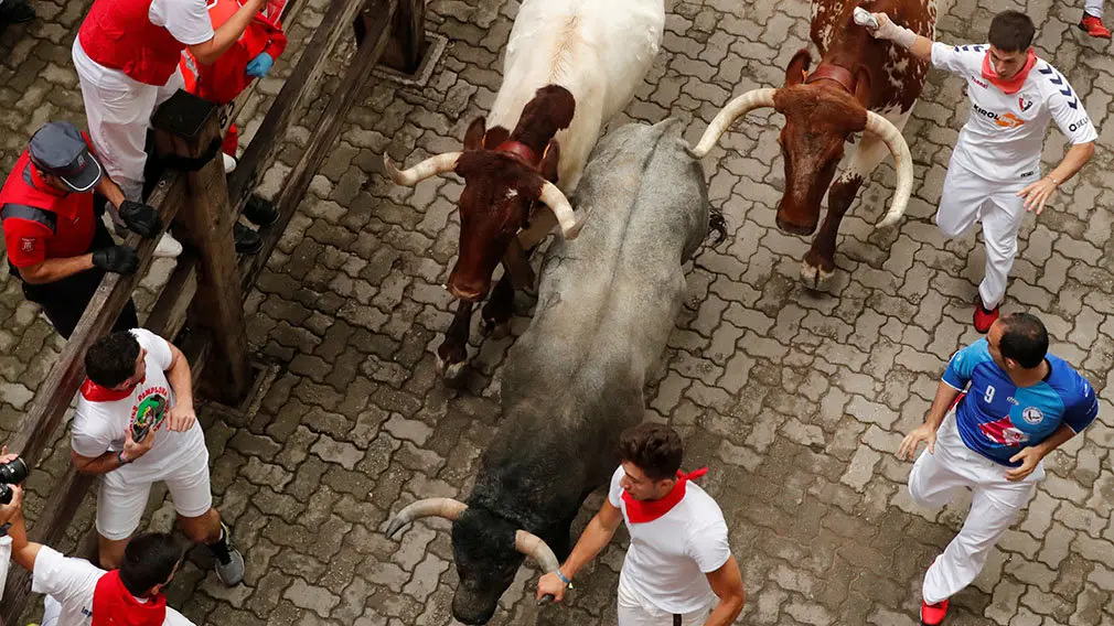 Con la mano en el cuerno de un Escolar: el peor comportamiento de varios mozos durante el tercer encierro