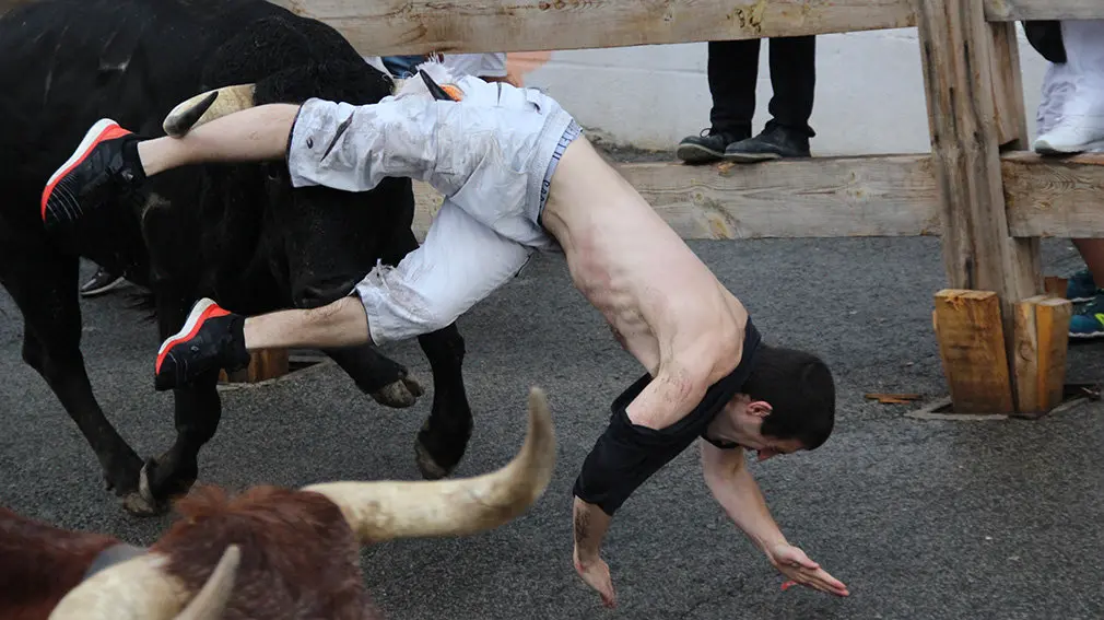 Tremendo susto: la secuencia gráfica de la espeluznante cornada a un mozo en el encierro de Sangüesa