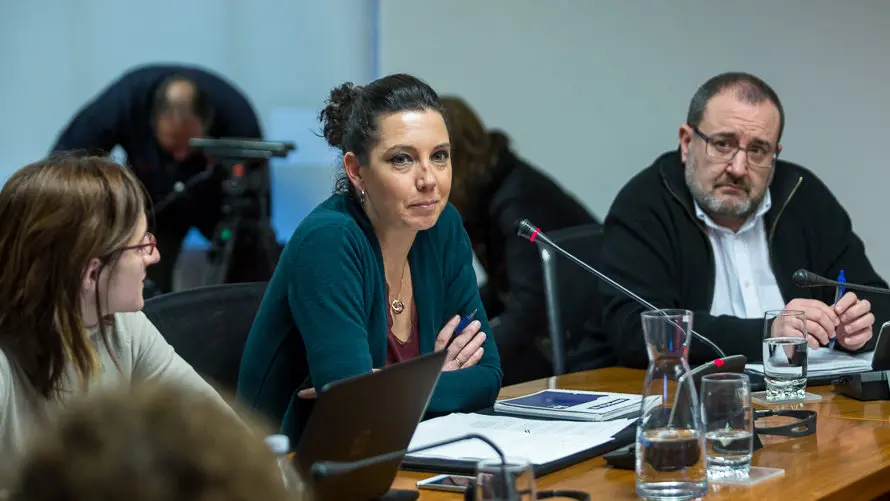 Una representación del Comité de Empresa de TRW informa de la situación de su conflicto laboral a la Comisión de Desarrollo Económico en el Parlamento de Navarra. IÑIGO ALZU