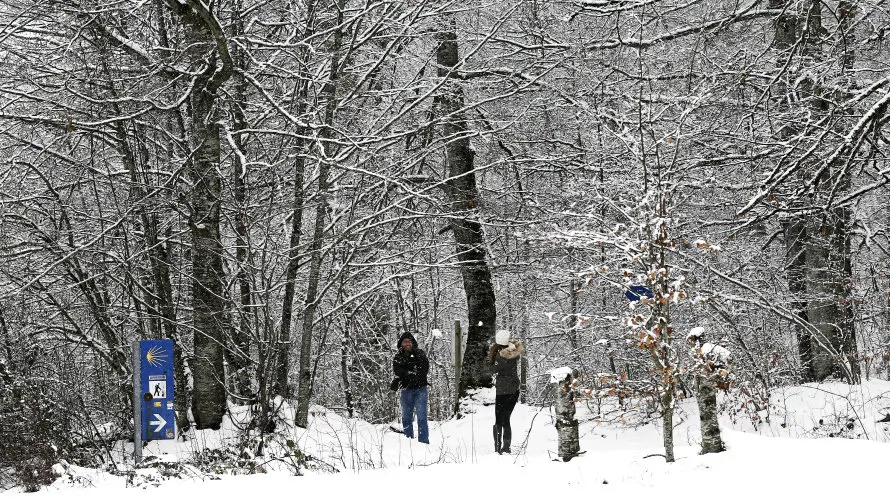 Dos personas juegan con bolas de nieve en el alto de Mezkiritz donde la nieve caída durante esta madrugada ha vuelto a cubrir los montes del norte de la comunidad foral. EFEJesús Diges