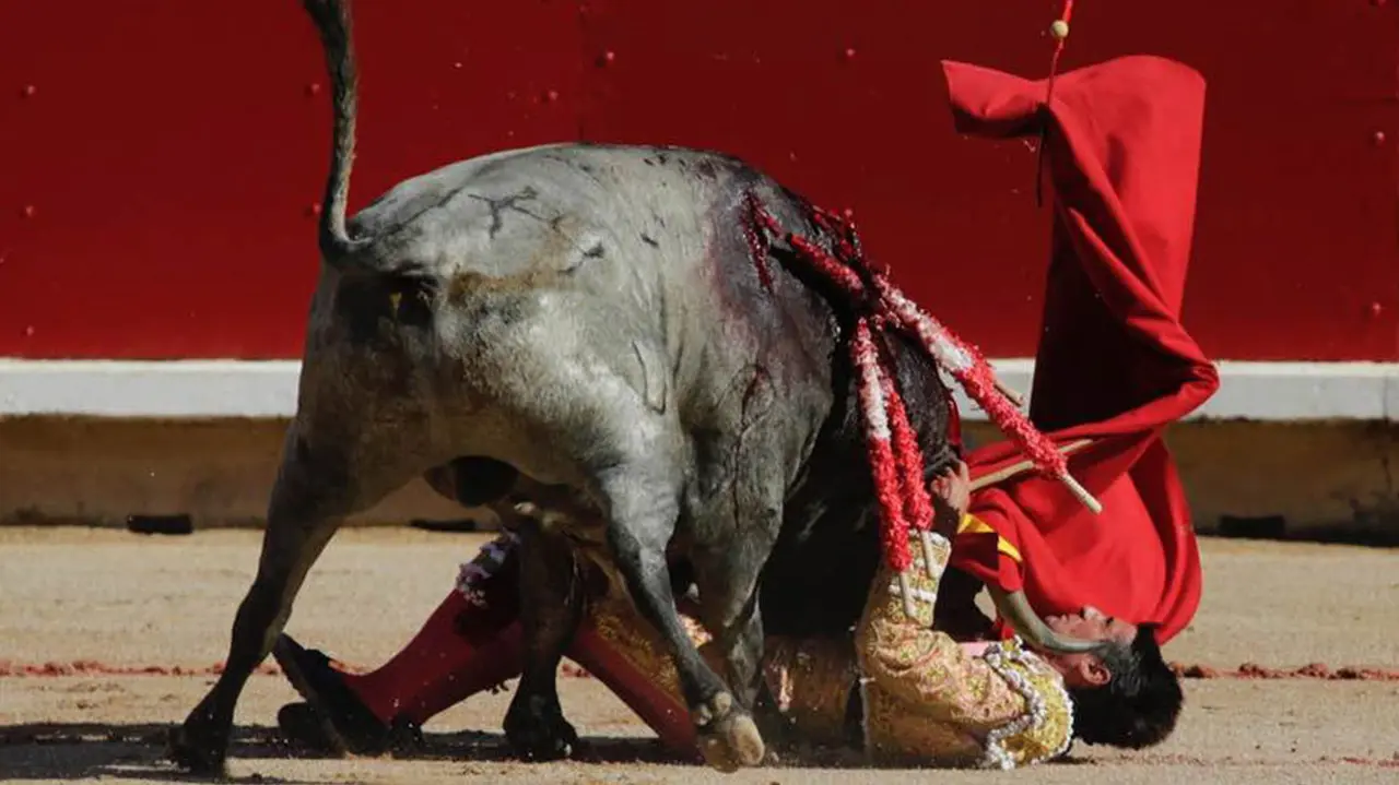 Local Pamplona bullfighter Francisco Marque is tossed by his first bull from the ranch of Jose Eacolar Gil as he goes in for the kill in his bullfight within the Fiesta de San Fermin, in Pamplona, Spain, 09 July 2016. (Espa&ntilde;a) EFE/EPA/JIM HOLLANDER