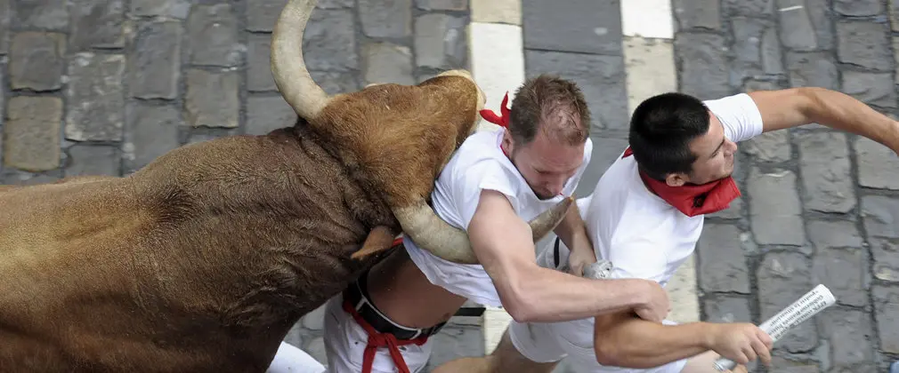 Ilustrado, de Nuñez del Cuvillo durante el séptimo encierro de San Fermín de los morlacos encuna a dos corredores. EFE.Villar Lopez (3)