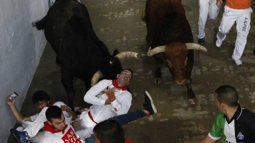 El mozo enganchado en el callejón por uno de los toros de Pedraza de Yeltes. EFEPeio Hernández