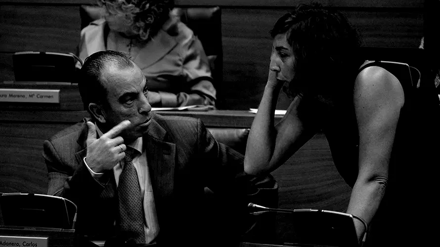 Laura Perez y Carlos García Adanero durante el pleno del parlamento. MIGUEL OSÉS (1)