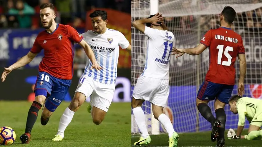 El centrocampista de Osasuna, Roberto Torres (i), conduce el balón ante el acoso del jugador uruguayo del Málaga, Gonzalo "Chory" CastrO Y El centrocampista uruguayo del Málaga Gonzalo "Chori" Castro (i) se lamenta de una ocasión ante el defensa del Osasuna Unai García durante el encuentro correspondiente a la jornada 20 de primera división, que disputan esta noche en el estadio de El Sadar, en Pamplona. EFE / Jesús Diges.