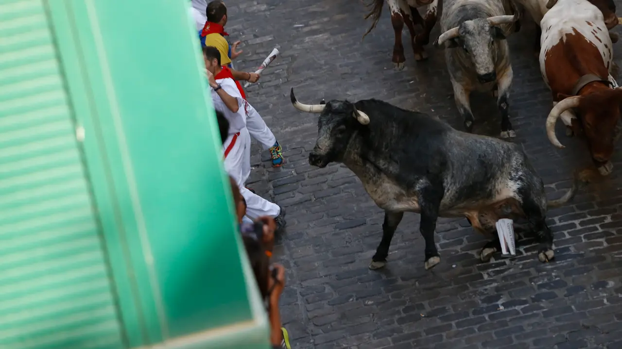 Los toros de Cebada Gago suben la cuesta de Santo Domingo en el primer encierro de San Fermín 2017 MIGUEL GOÑI 02