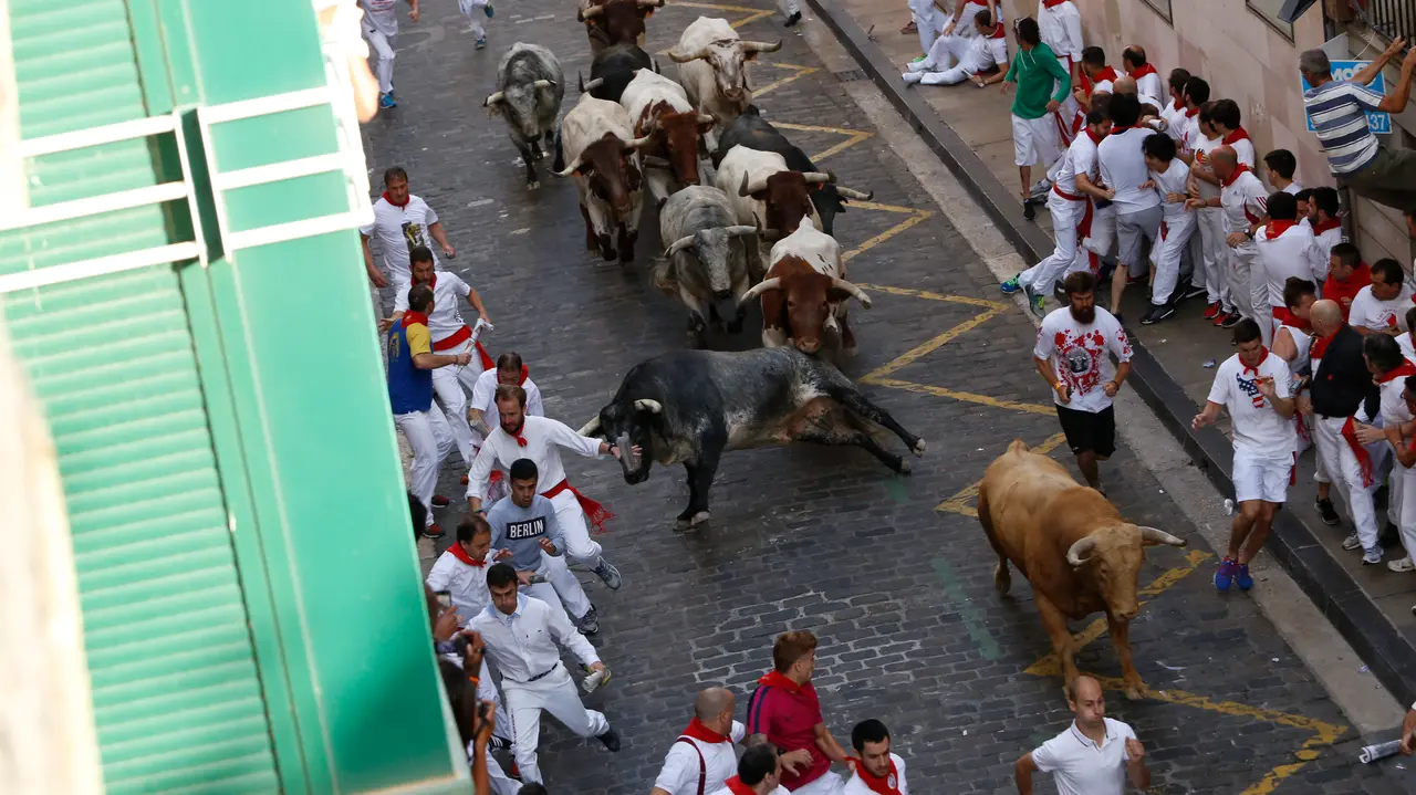 Los toros de Cebada Gago suben la cuesta de Santo Domingo en el primer encierro de San Fermín 2017 MIGUEL GOÑI 03