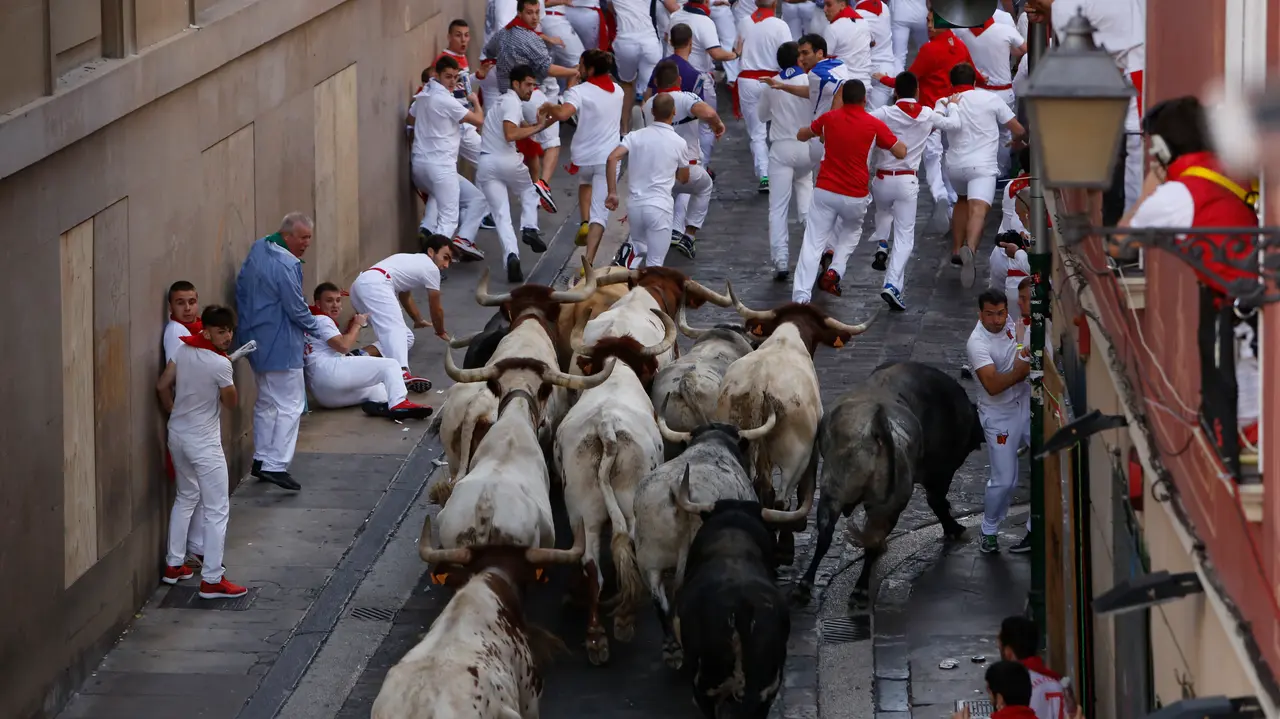 Los toros de Cebada Gago suben la cuesta de Santo Domingo en el primer encierro de San Fermín 2017 MIGUEL GOÑI 08