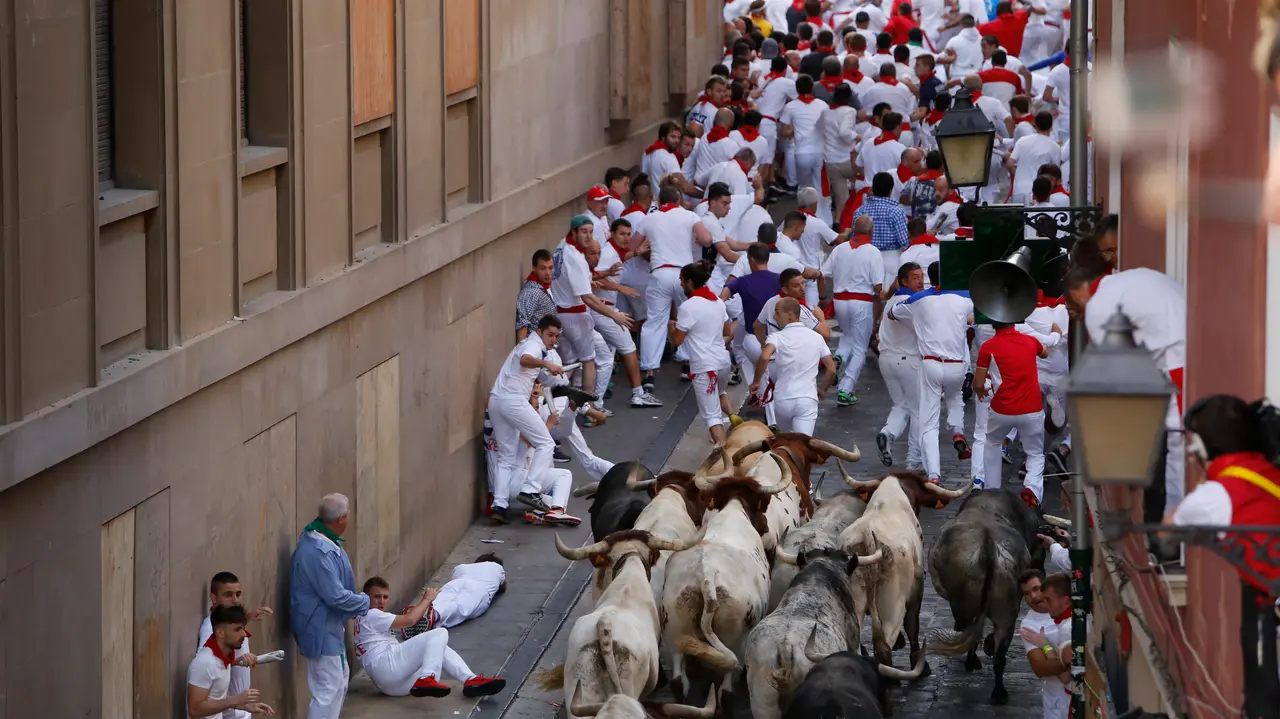 Los toros de Cebada Gago suben la cuesta de Santo Domingo en el primer encierro de San Fermín 2017 MIGUEL GOÑI 10