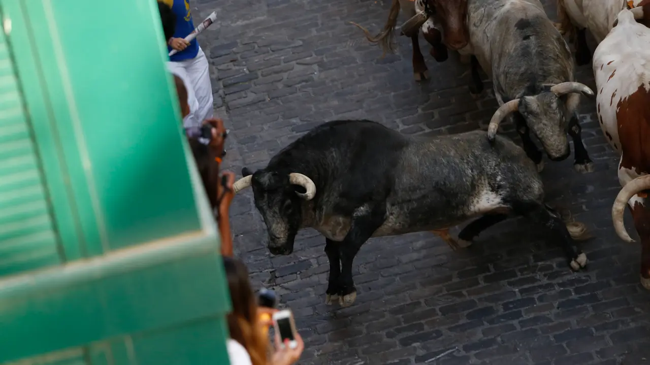 Los toros de Cebada Gago suben la cuesta de Santo Domingo en el primer encierro de San Fermín 2017 MIGUEL GOÑI