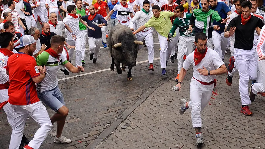Los toros de José Escolar enfilan Telefónica en el segundo encierro de San Fermín 2017. MIGUEL OSÉS (7)
