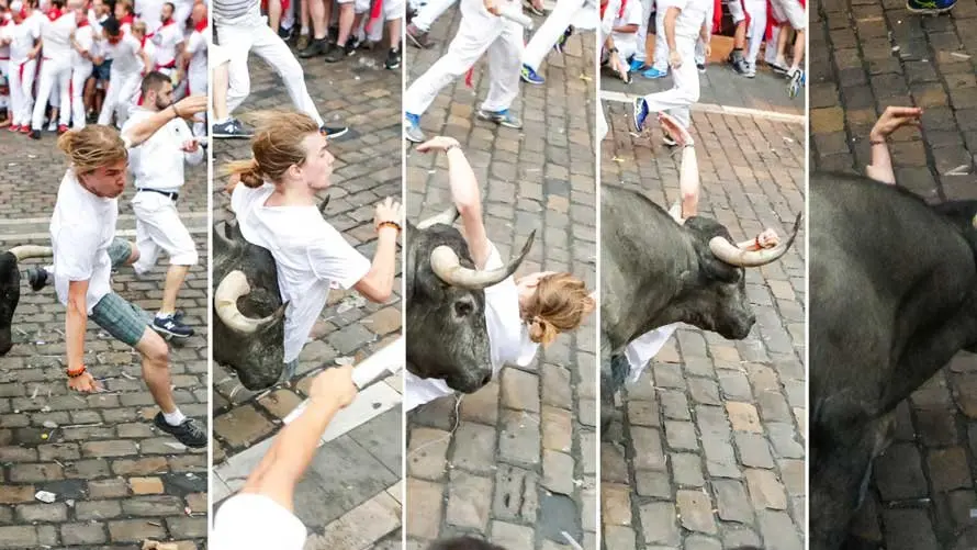 La secuencia de la grave cocgida en el brazo a un joven en el encierro de los toros de José Escolar. JAVIER MARTINEZ DE LA PUENTE