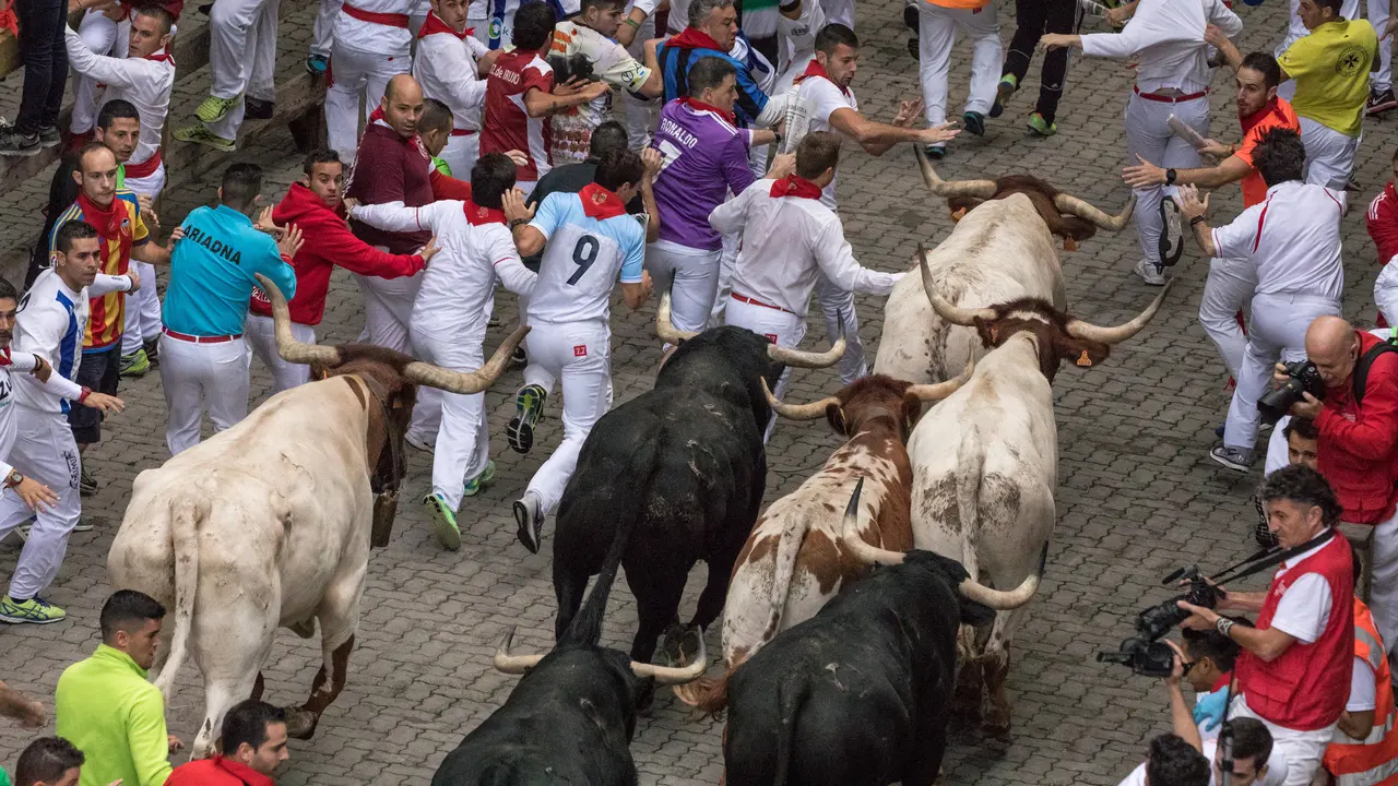 Tercer encierro de San Fermín 2017 con toros de Puerto de San Lorenzo en el tramo de Telefónica. MAITE H. MATEO -19