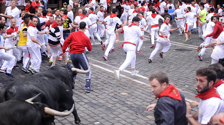 Quinto encierro de los Sanfermines 2017 con la ganadería de Jandilla en el tramo del Ayuntamiento. MIGUEL OSÉS (5)