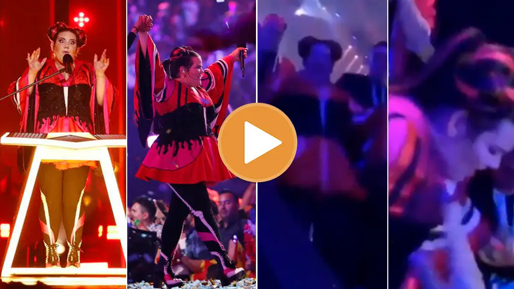 Netta, la cantante de Israel, durante su actuación con la que ha ganado Eurovisión y durante el resbalón que ha sufrido en el backstage Fotos ESC TWITTER