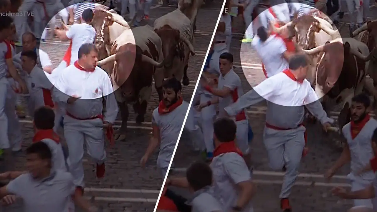 Fotogramas del momento en el que el Cebada Gago embiste a dos mozos