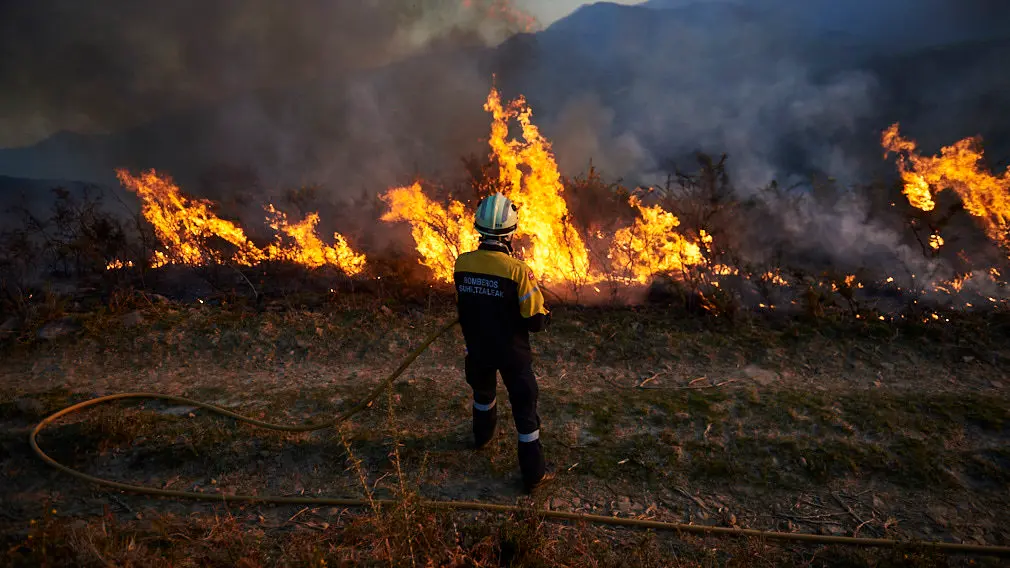 Los bomberos de Oronoz Mugaire sofocan un incendio en un monte cerca de Arraioz. MIGUEL OSÉS 1