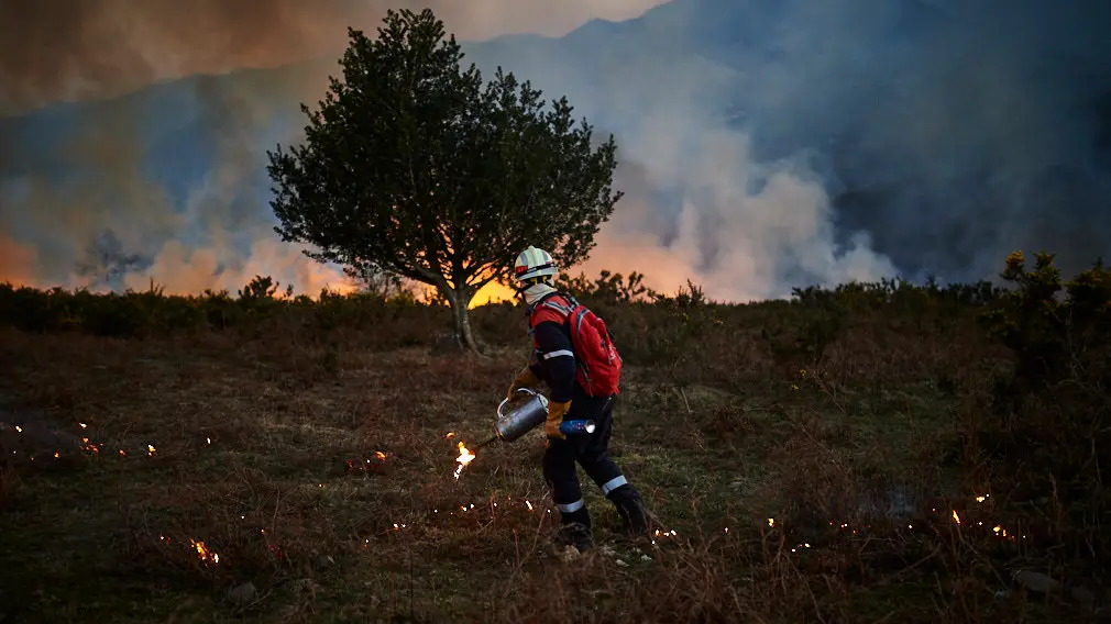 Los bomberos de Oronoz Mugaire sofocan un incendio en un monte cerca de Arraioz. MIGUEL OSÉS 5