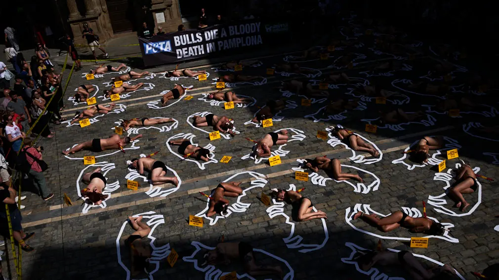 PETA y Anima Naturalis en su tradicional protesta el 5 de julio de 2019 en la plaza del Ayuntamiento de Pamplona. PABLO LASAOSA13