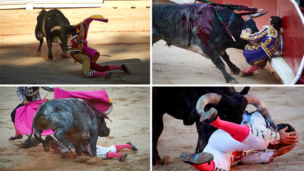 Montaje con las im&aacute;genes de los sustos de Juan Leal y Octavio Chac&oacute; y la cogida de Rafaelillo en la &uacute;ltima corrida de los Sanfermines 2019 MIGUEL OS&Eacute;S VILLAR L&Oacute;PEZ